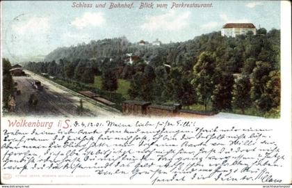 CPA Wolkenburg Kaufungen Limbach Oberfrohna Sachsen, Schloss und Bahnhof, Blick v. Parkrestaurant