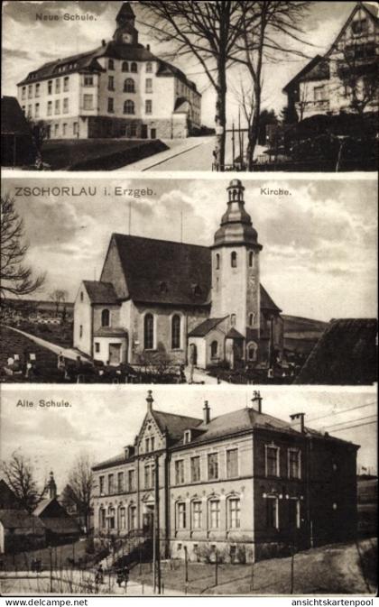 CPA Zschorlau Erzgebirge, Neue und Alte Schule, Kirche