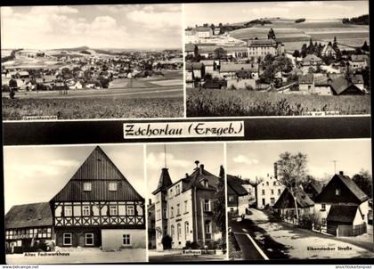 CPA Zschorlau im Erzgebirge, Altes Fachwerkhaus, Eibenstocker Straße, Rathaus, Gesamtansicht