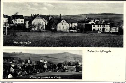 CPA Zschorlau im Erzgebirge, Herzogstraße, mittlerer Ortsteil mit Kirche