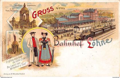 Germany Gruss vom Bahnhof Loehne 1898 train station litho vintage postcard