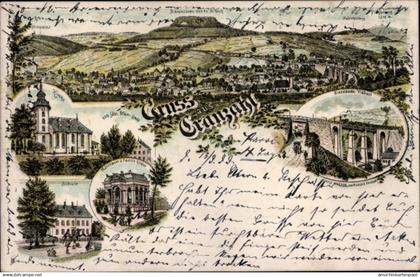 Lithographie Cranzahl Sehmatal im Erzgebirge, Kirche, Schule, Mausoleum, Eisenbahnviadukt, Panorama