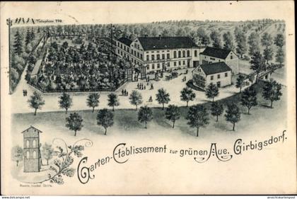 Lithographie Girbigsdorf Schöpstal Oberlausitz, Gartenetablissement zur grünen Aue