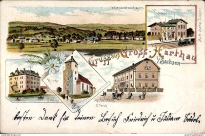 Lithographie Großharthau, Geschäftshaus E. Teich, Villenviertel, Brauerei, Schloss, Kirche, Bahnhof