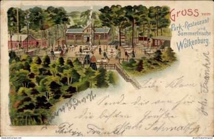 Lithographie Wolkenburg Kaufungen Limbach Oberfrohna Sachsen, Park-Restaurant, Sommerfrische, Menschen, ...