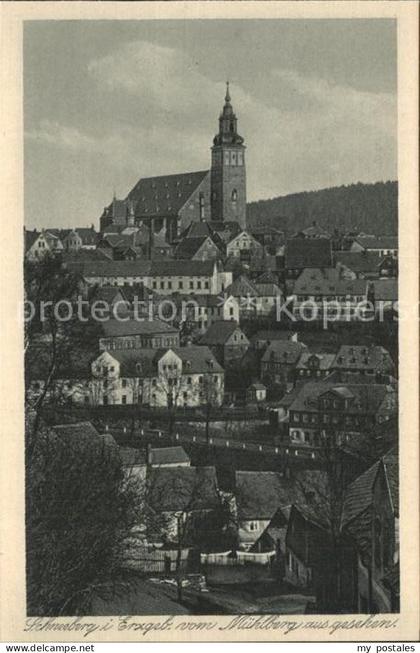 Schneeberg Erzgebirge Ortsansicht mit Kirche vom Muehlberg gesehen Kupfertiefdru