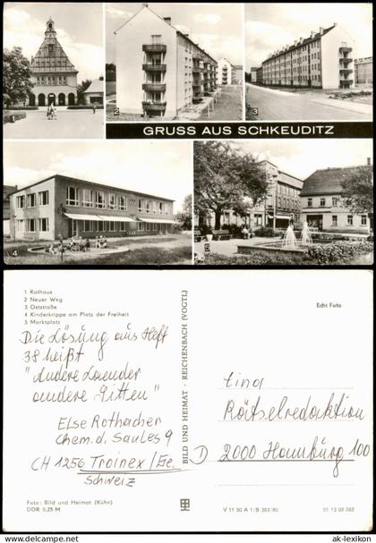 Schkeuditz DDR Mehrbild-AK mit Oststraße, Kinderkrippe, Marktplatz uvm. 1980