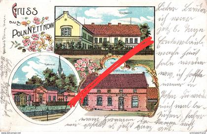 Litho AK Polnisch Schlesisch Nettkow Nietkow Bahnhof a Läsgen Lessen Rothenburg Czerwiensk Deutsch Nietkowice Bahnpost