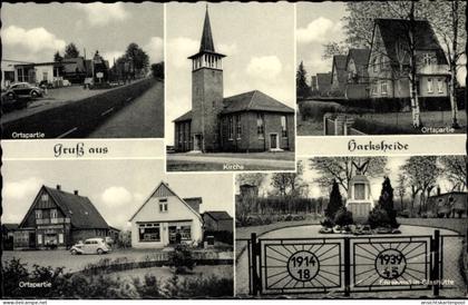 CPA Harksheide Norderstedt Schleswig Holstein, Kirche, Ehrenmal, Geschäftshäuser