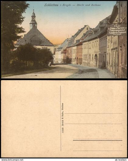Ansichtskarte Schlettau Marktplatz mit Rathaus und Konsum-Filiale 1910