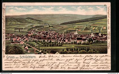 Lithographie Schlüchtern, Ortsansicht aus der Vogelschau