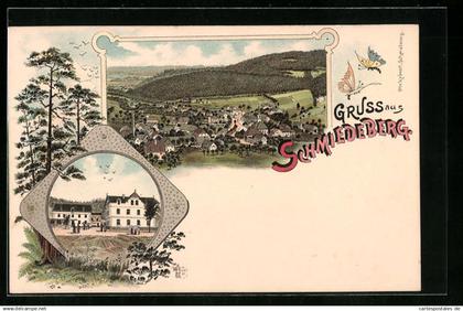 Lithographie Schmiedeberg /Erzgeb., Gesamtansicht aus der Vogelschau