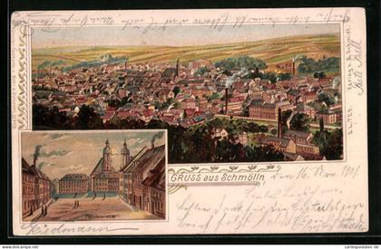 Lithographie Schmölln, Ortsansicht und Marktplatz
