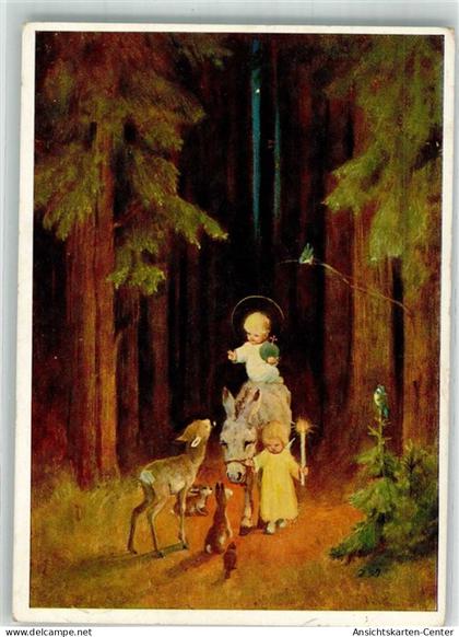 38179373 - Weihnachten Christkind auf Esel mit Engel und den Tieren des Waldes Verlag Josef Mueller Nr. 4604