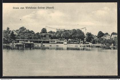 AK Gatow /Havel, Wasserpartie mit Wirtshaus, Inh. Paul Krause