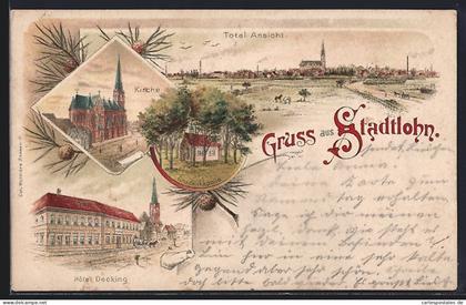 Lithographie Stadtlohn, Hotel Decking, Kirche, Panorama