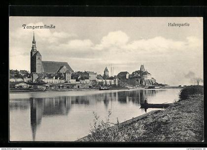 AK Tangermünde, Hafenpartie mit Stadtpanorama