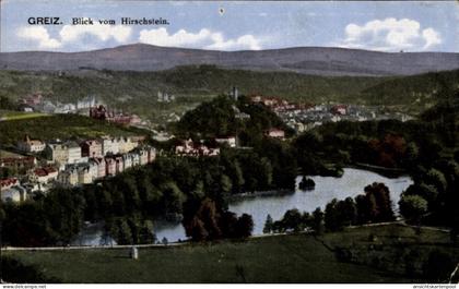 CPA Greiz im Vogtland Thüringen, Panoramaansicht von Blick vom Hirschstein, Flusslauf, Gebäude