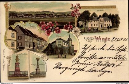Lithographie Roßleben Wiehe im Kyffhäuserkreis, Badeanstalt, Schloss, Geschäftshaus, Kriegerdenkmal