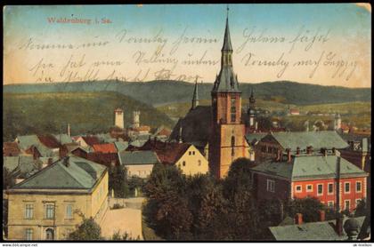 Ansichtskarte Waldenburg (Sachsen) Panorama-Ansicht, Kirche u. Ortsmitte 1910