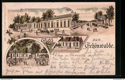 Lithographie Schönwalde /Wandlitz, Restaurant v. Louis Liebenhagen, Dorfstrasse, Kirche