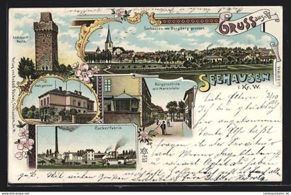 Lithographie Seehausen / Wanzleben, Amtsgericht, Zuckerfabrik, Seehäuser Warte