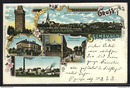 Lithographie Seehausen / Wanzleben, Warte, Amtsgericht, Zuckerfabrik, Bürgerschule
