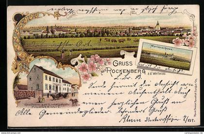Lithographie Rockenberg a. d. Wetterau, Gasthaus zur Ludwigshalle v. Friedrich Enders, Marienschloss, Ortsansicht