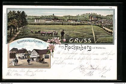 Lithographie Rockenberg i. d. Wetterau, Gasthaus zur Gerste, Ortspartie mit Rinderherde