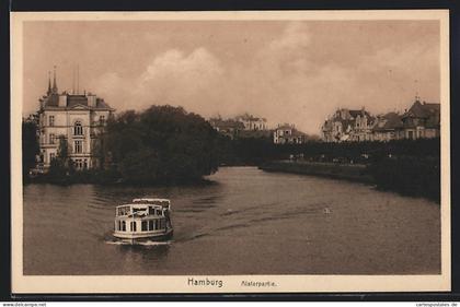AK Hamburg-Winterhude, Alsterpartie mit Boot