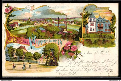 Lithographie Wipperfürth, Totalansicht mit Fabriken, Landrats-Amt und Partie am Marktplatz