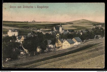 AK Zschorlau i. Erzgebirge, Ortsansicht mit Kirche und umliegender Landschaft