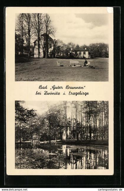 AK Zwönitz / Erzgeb., Gasthaus Guter Brunnen, Teich und Garten