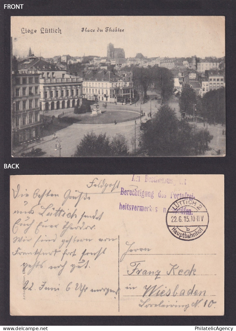GERMANY 1915, Field postcard from Liege Belgium to Weisbaden, Liege, WWI