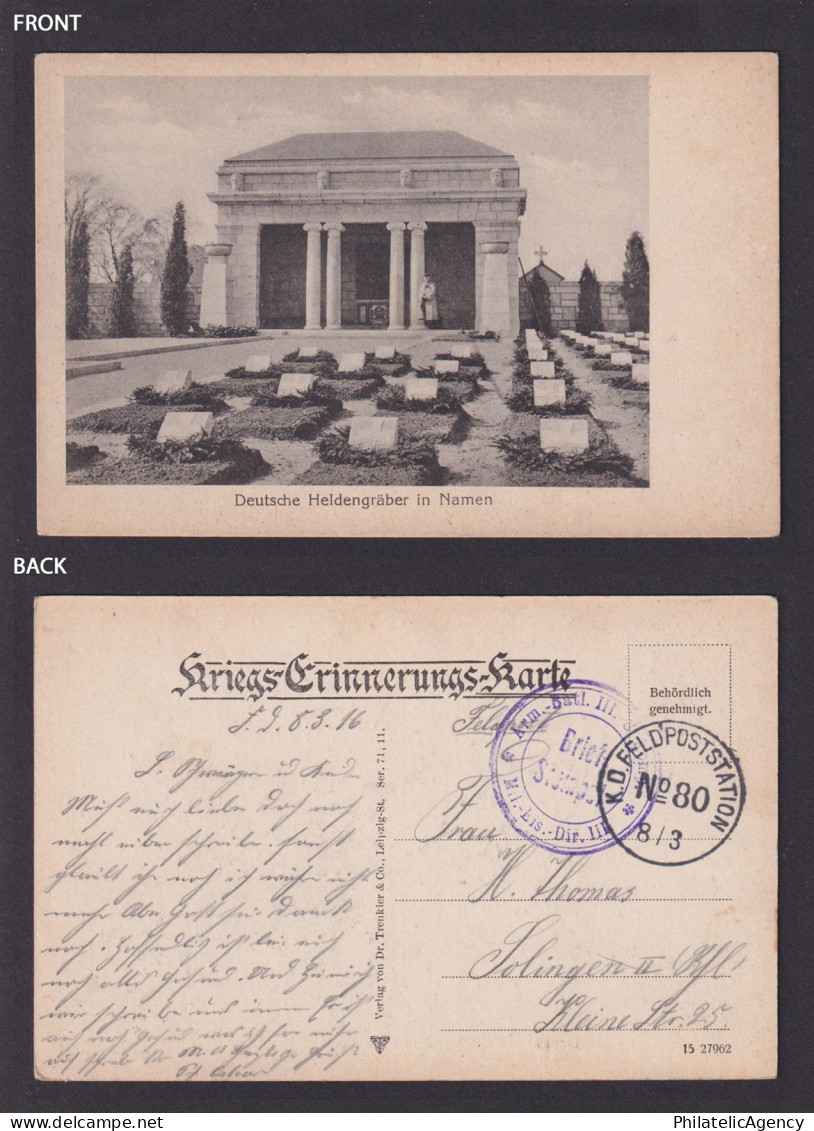 GERMANY 1916, Field postcard, German graves in Namen Namur Belgium, WWI
