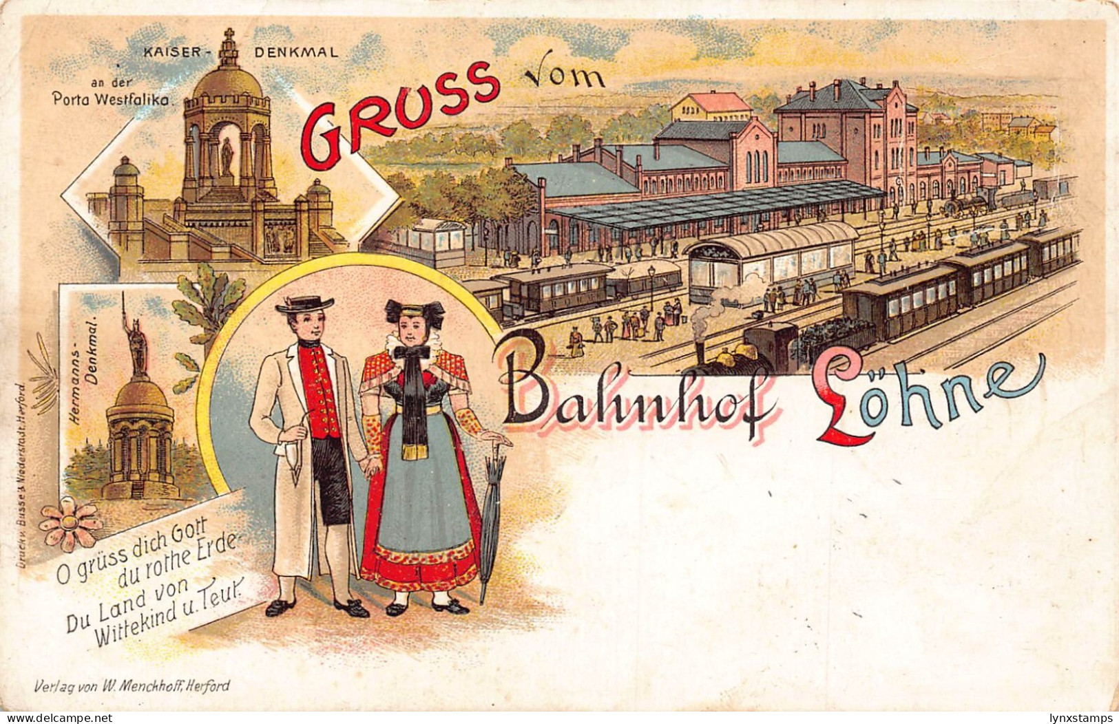 Germany Gruss vom Bahnhof Loehne 1898 train station litho vintage postcard