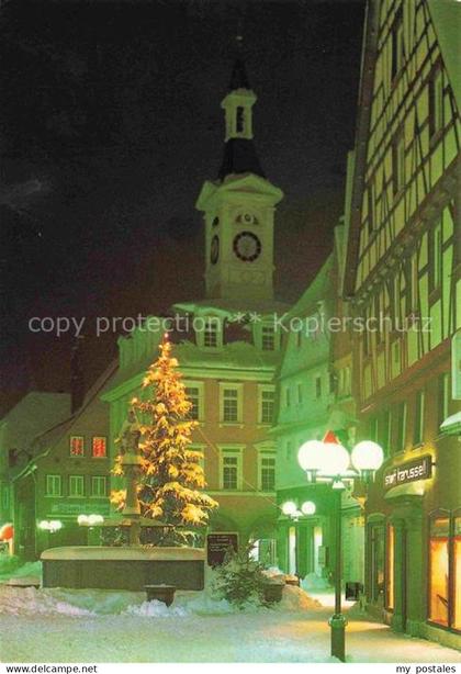 Aalen BW Rathaus Weihnachtsbaum Weihnachten Nacht Schnee Fachwerk Marktplatz Uhr
