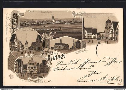 Lithographie Aichach, Totalansicht mit Rathaus und Burgplatz