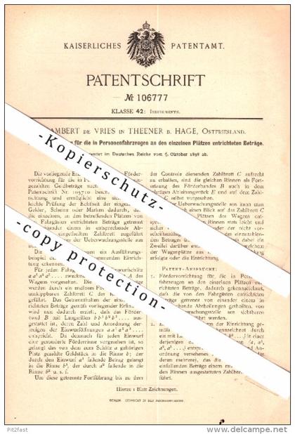 Original Patent - Lambert de Vries in Theener b. Hage , 1898 , Geldeinzahler für Automobile , Busse , Taxi , Bus !!!