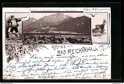 Vorläufer-Lithographie Bad Reichenhall, 1895, Ortsansicht mit Bad Achselmannstein und Hoherstaufen, Jäger und Gams