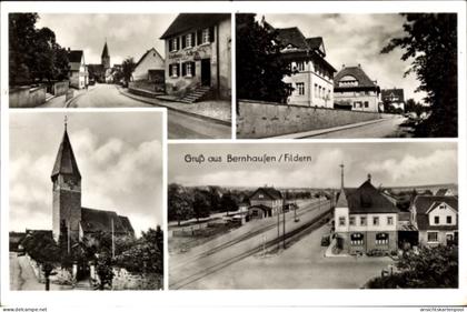 CPA Bernhausen Filderstadt Bade Württemberg, Straßenpartie, Gasthaus Adler, Kirche, Bahnhof