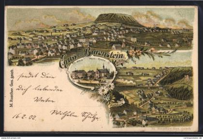 Lithographie Bärenstein, Kühberg, Schule, Pfarre, Kirche