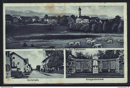 AK Iffeldorf an den Osterseen, Kriegerdenkmal, Strassenpartie, Ortsansicht vom Feld aus