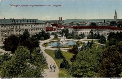 CPA Erlangen in Mittelfranken Bayern, Schloss-Emigrantenbrunnen, Orangerie, Parkanlage, Persone...