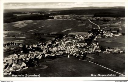 CPA Monheim in Schwaben, Luftaufnahme von Monheim, Schwaben, Felder, Häuser, Schwarz-Weiß