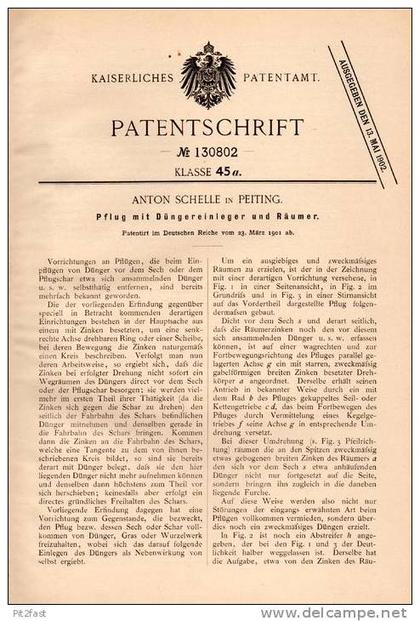 Original Patentschrift -Anton Schelle in Peiting b. Weilheim ,1901, Pflug mit Düngereinleger , Landwirtschaft , Schongau