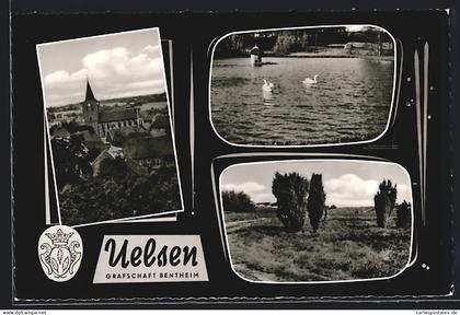 AK Uelsen /Grafschaft Bentheim, Kirche im Ortsbild, Schwanenteich, Heidelandschaft
