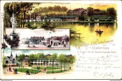 Lithographie Berlin Grunewald Halensee, Wirtshaus am Halensee