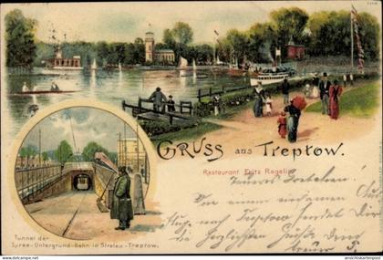 Lithographie Berlin Treptow, Kaiser Wilhelmgarten, Dampferanlegestelle, Tunnel der Spree U-Bahn