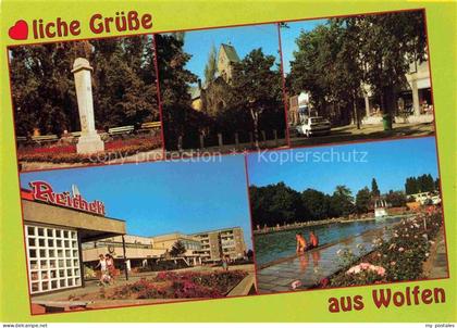 Wolfen Bitterfeld  Postmeilensaeule Kirche Leipziger Strasse Wolfen-Nord Freibad